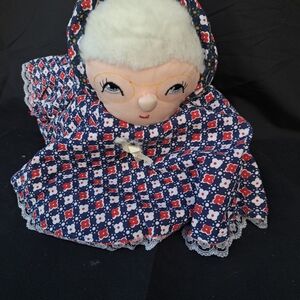 Charming Granny Doll with Blue and Red Patterned Dress